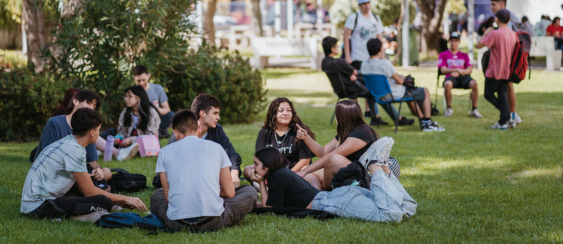 Estudiantes compartiendo sentadas y sentados en el pasto del campus universitario